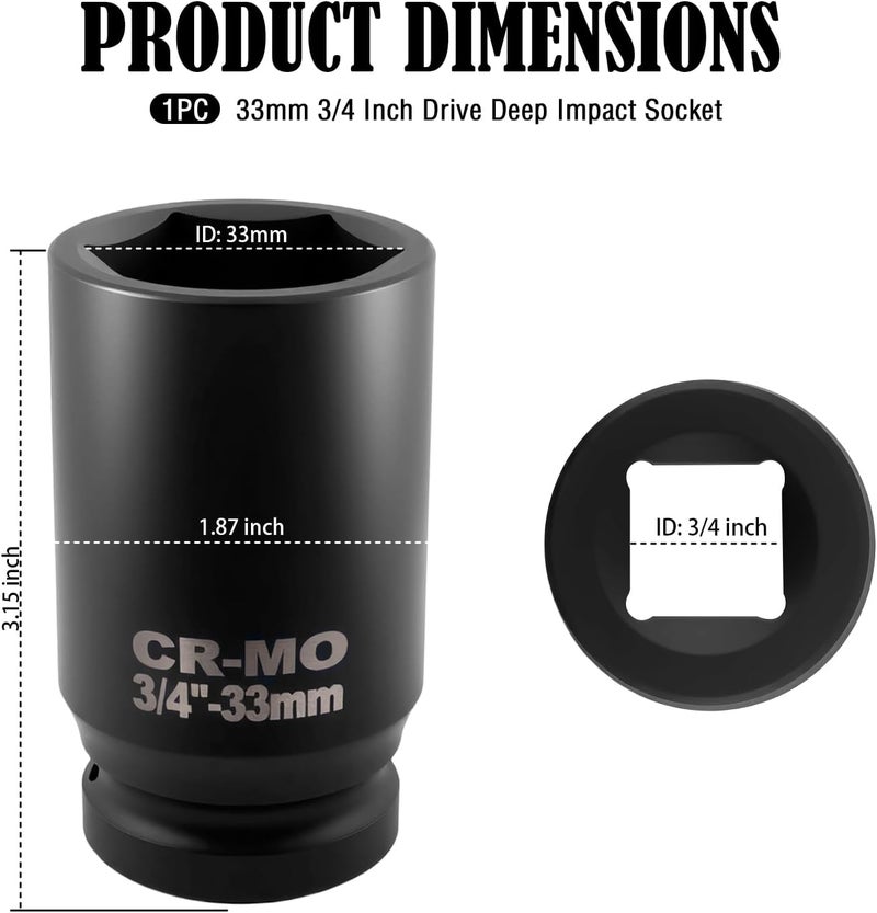 Stacool 33mm Socket 3/4 Drive with 6 Point Design,Heavy Duty Non-slip 3/4 Impact Socket for Quick Dismantle Car Axle Nuts,Professional Deep Impact Axle Nut Sockets Car Accessories (33mm-3/4"Drive) - Image 2